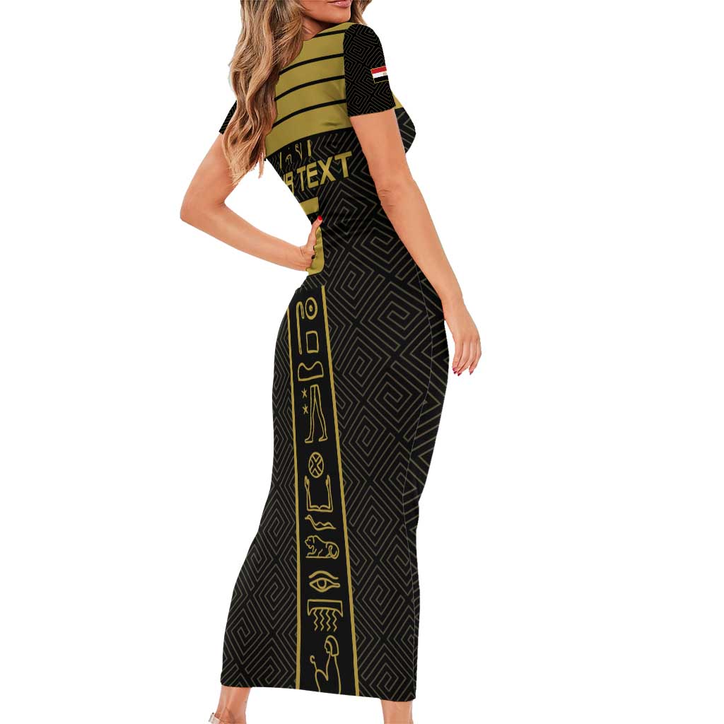 Custom Egypt Football Family Matching Short Sleeve Bodycon Dress and Hawaiian Shirt Yalla Yalla Pharaohs - Black Ver