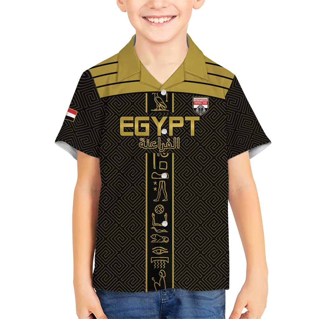 Custom Egypt Football Family Matching Short Sleeve Bodycon Dress and Hawaiian Shirt Yalla Yalla Pharaohs - Black Ver