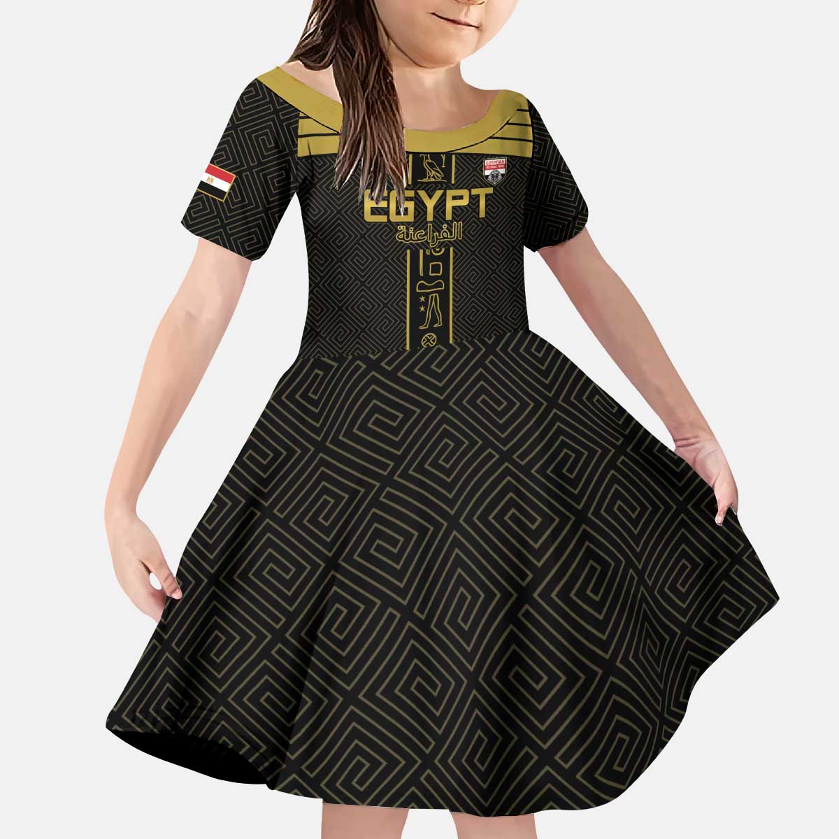 Custom Egypt Football Kid Short Sleeve Dress Yalla Yalla Pharaohs - Black Ver