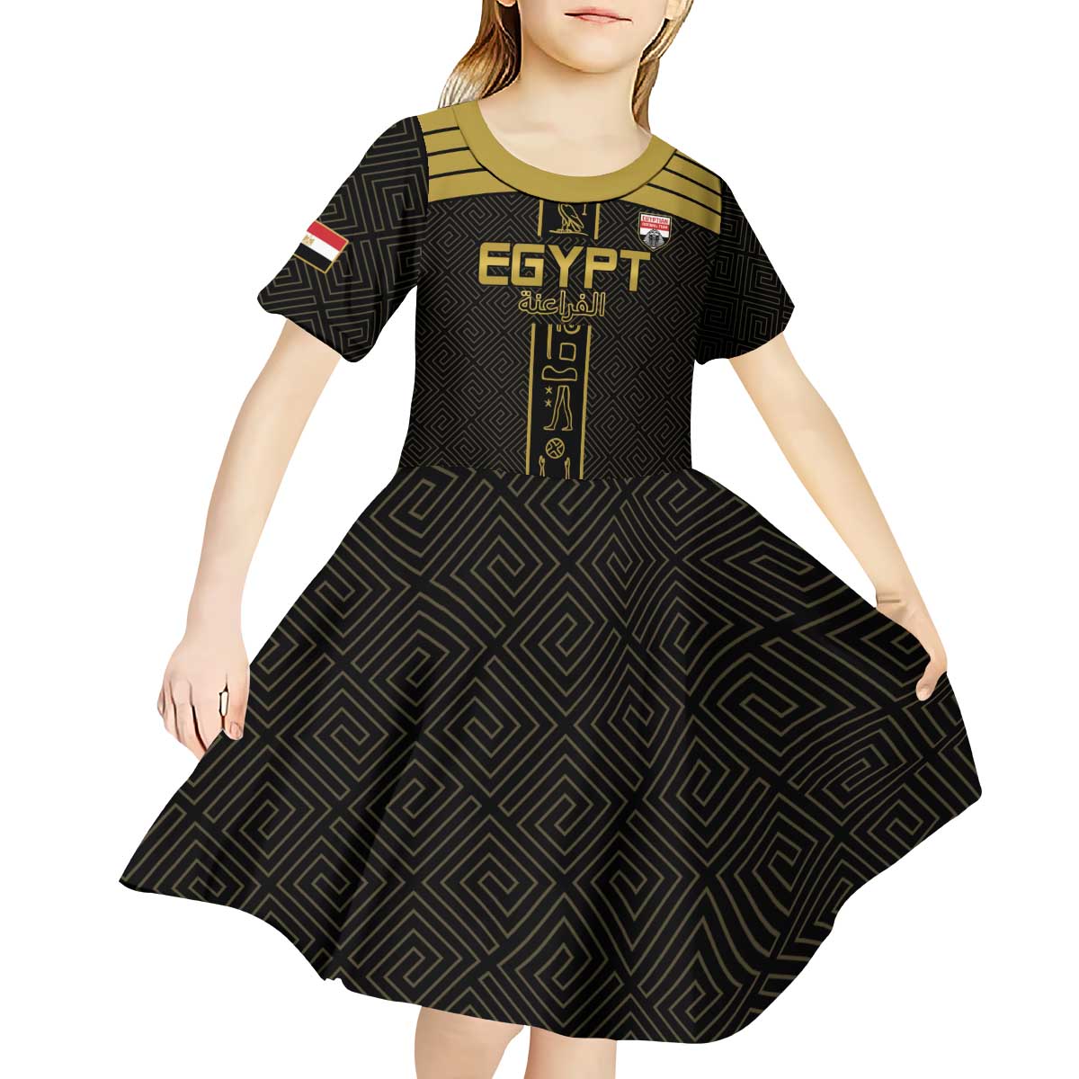 Custom Egypt Football Kid Short Sleeve Dress Yalla Yalla Pharaohs - Black Ver