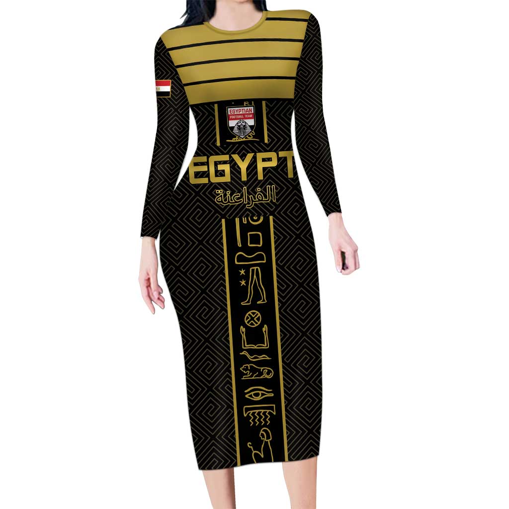 Custom Egypt Football Long Sleeve Bodycon Dress Yalla Yalla Pharaohs - Black Ver