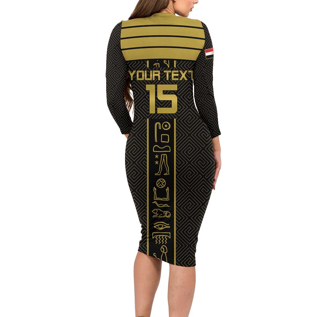 Custom Egypt Football Long Sleeve Bodycon Dress Yalla Yalla Pharaohs - Black Ver