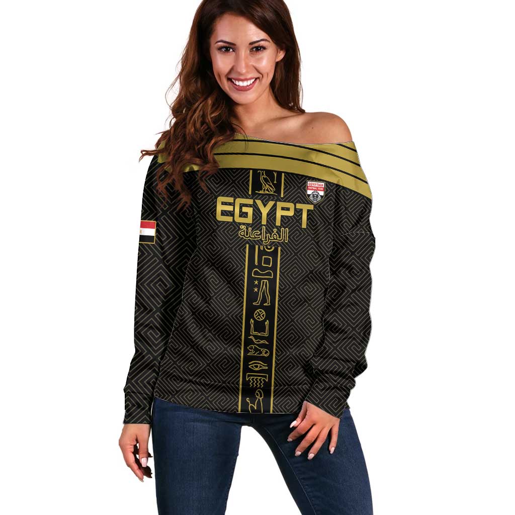 Custom Egypt Football Off Shoulder Sweater Yalla Yalla Pharaohs - Black Ver