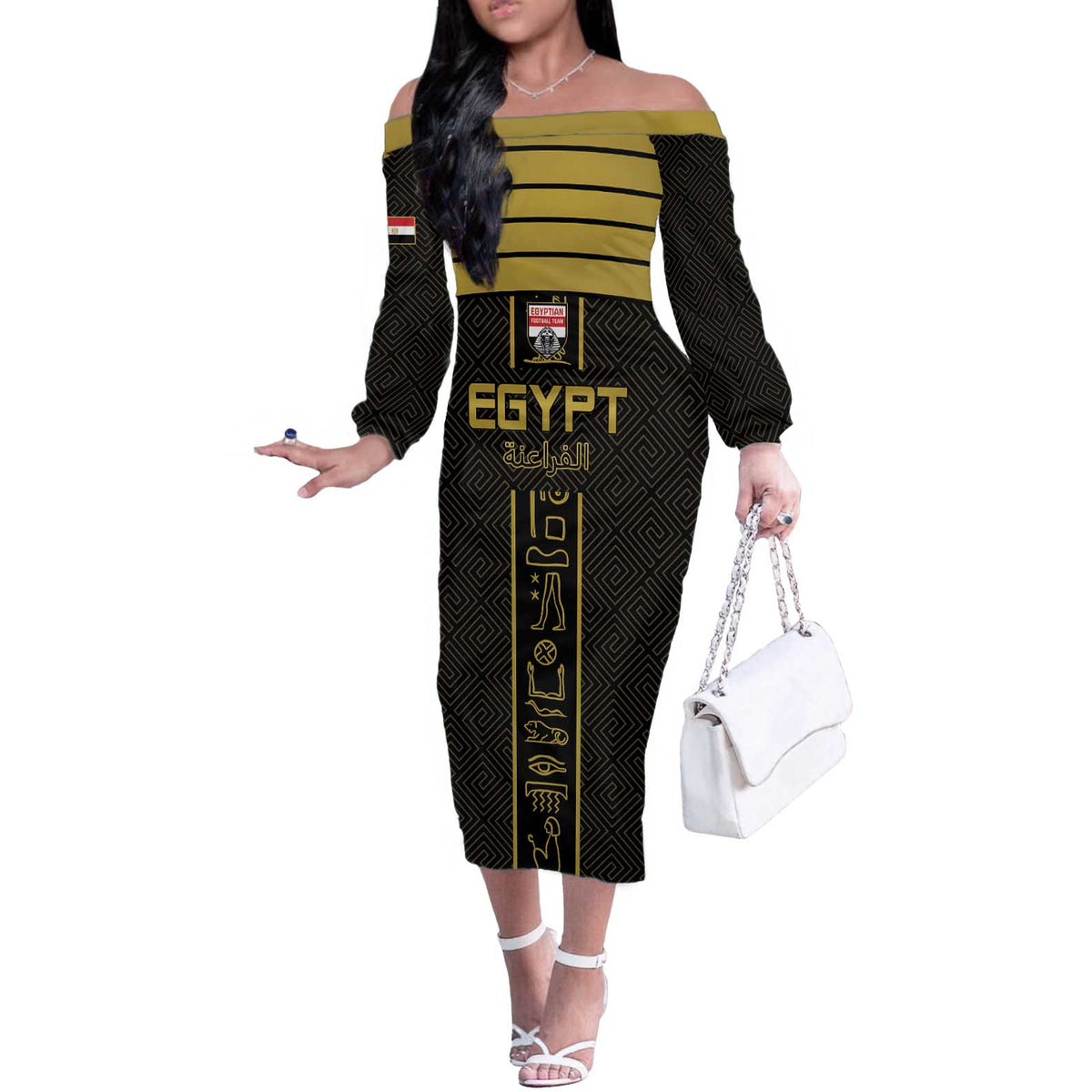 Custom Egypt Football Off The Shoulder Long Sleeve Dress Yalla Yalla Pharaohs - Black Ver