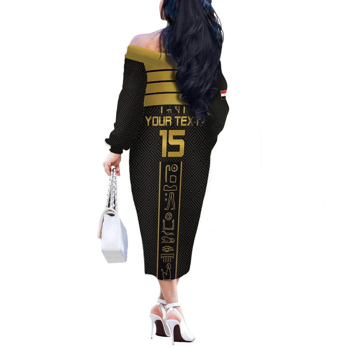 Custom Egypt Football Off The Shoulder Long Sleeve Dress Yalla Yalla Pharaohs - Black Ver