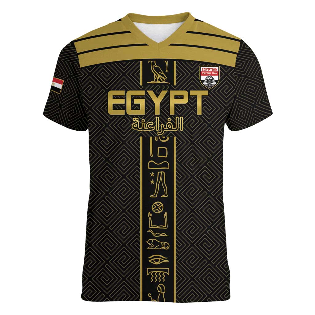 Custom Egypt Football Women V-Neck T-Shirt Yalla Yalla Pharaohs - Black Ver
