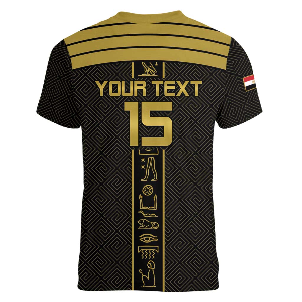 Custom Egypt Football Women V-Neck T-Shirt Yalla Yalla Pharaohs - Black Ver