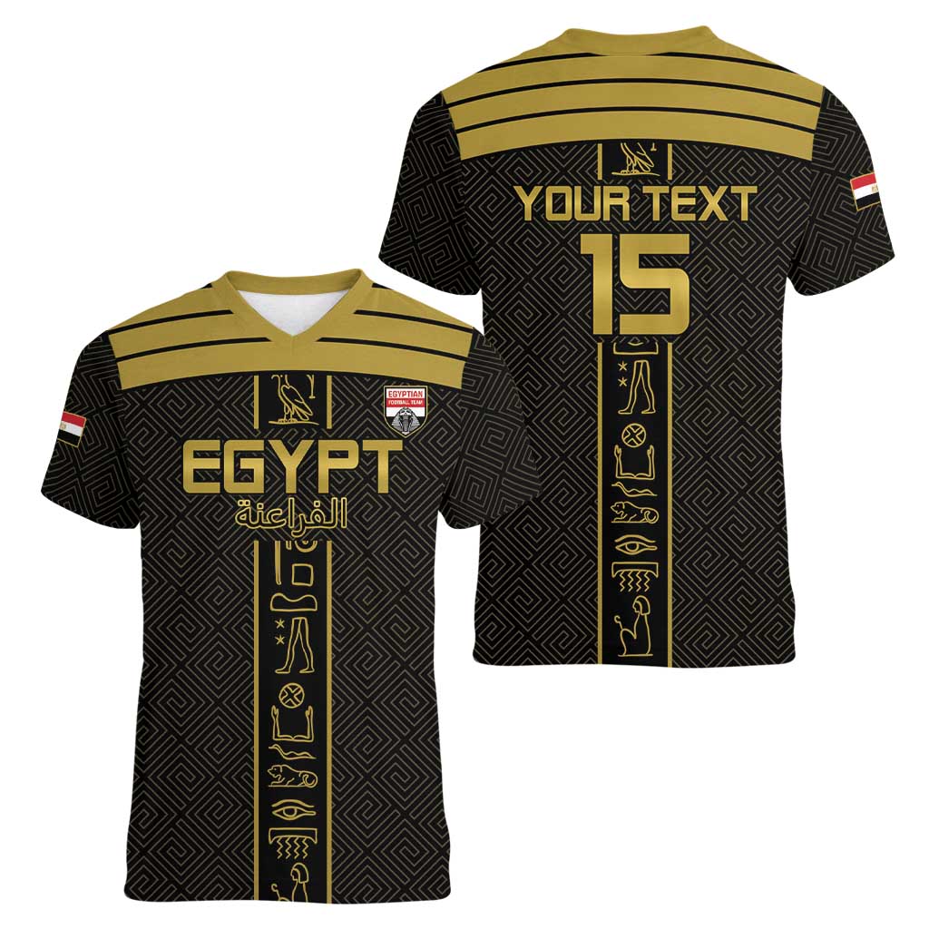 Custom Egypt Football Women V-Neck T-Shirt Yalla Yalla Pharaohs - Black Ver