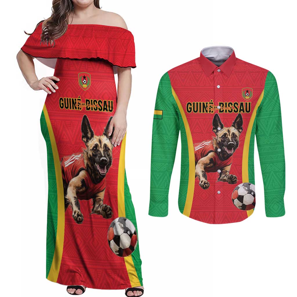 Custom Guinea-Bissau Football Couples Matching Off Shoulder Maxi Dress and Long Sleeve Button Shirt Vamos Djurtus