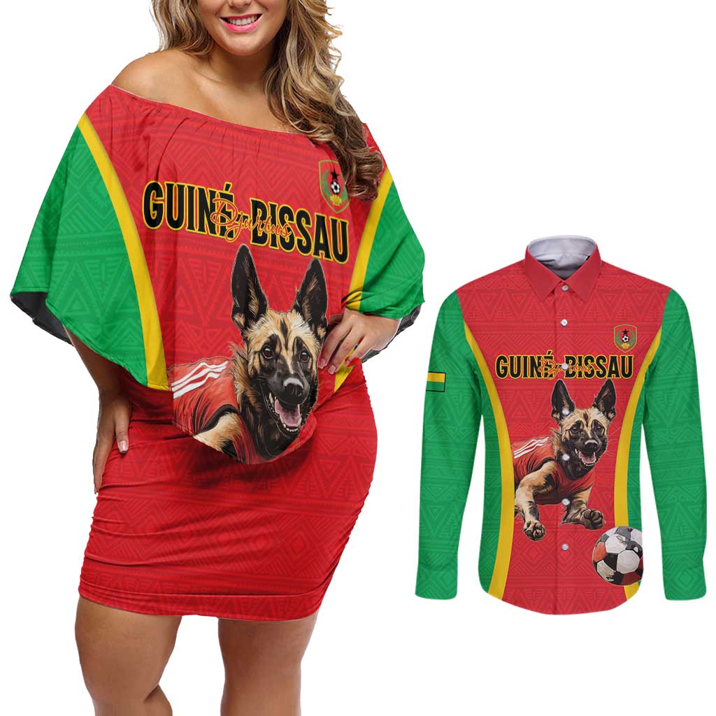 Custom Guinea-Bissau Football Couples Matching Off Shoulder Short Dress and Long Sleeve Button Shirt Vamos Djurtus