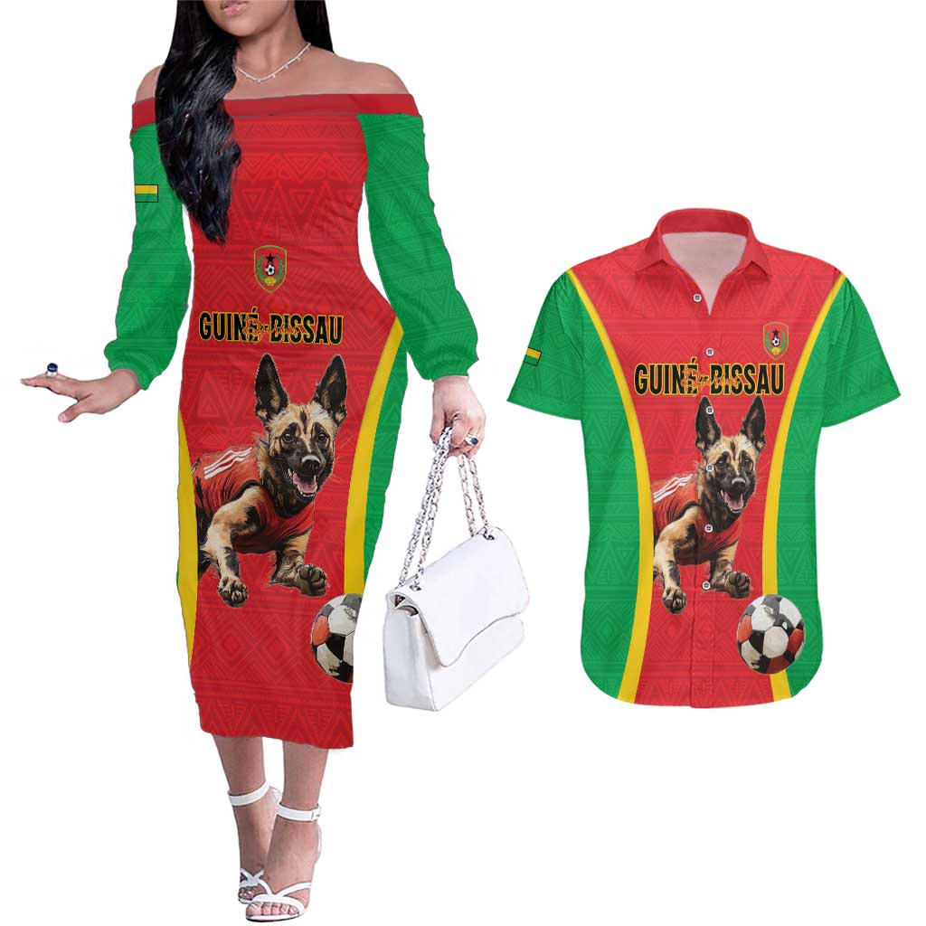 Custom Guinea-Bissau Football Couples Matching Off The Shoulder Long Sleeve Dress and Hawaiian Shirt Vamos Djurtus