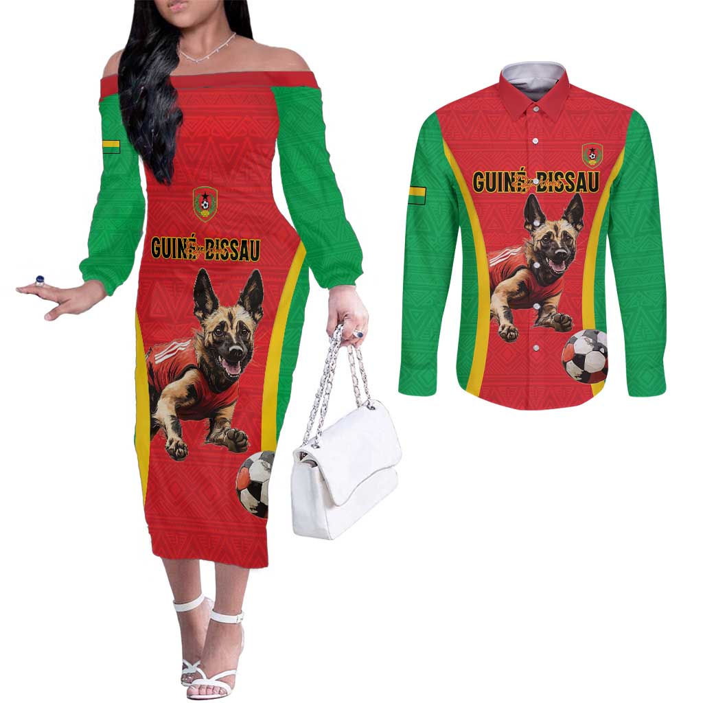 Custom Guinea-Bissau Football Couples Matching Off The Shoulder Long Sleeve Dress and Long Sleeve Button Shirt Vamos Djurtus