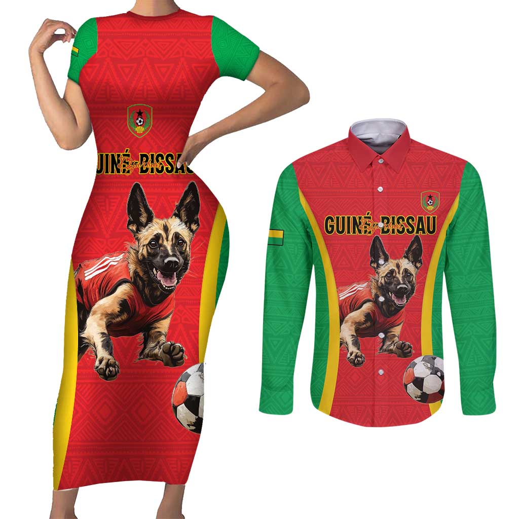 Custom Guinea-Bissau Football Couples Matching Short Sleeve Bodycon Dress and Long Sleeve Button Shirt Vamos Djurtus