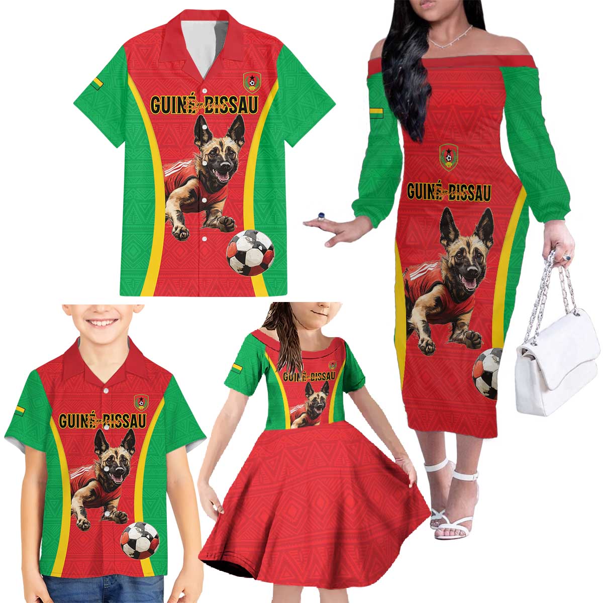 Custom Guinea-Bissau Football Family Matching Off The Shoulder Long Sleeve Dress and Hawaiian Shirt Vamos Djurtus