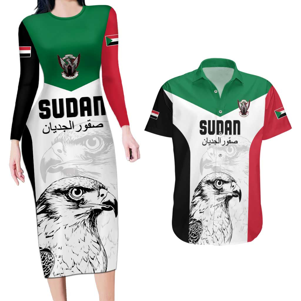 Custom Sudan Football Couples Matching Long Sleeve Bodycon Dress and Hawaiian Shirt Yalla Falcons of Jediane