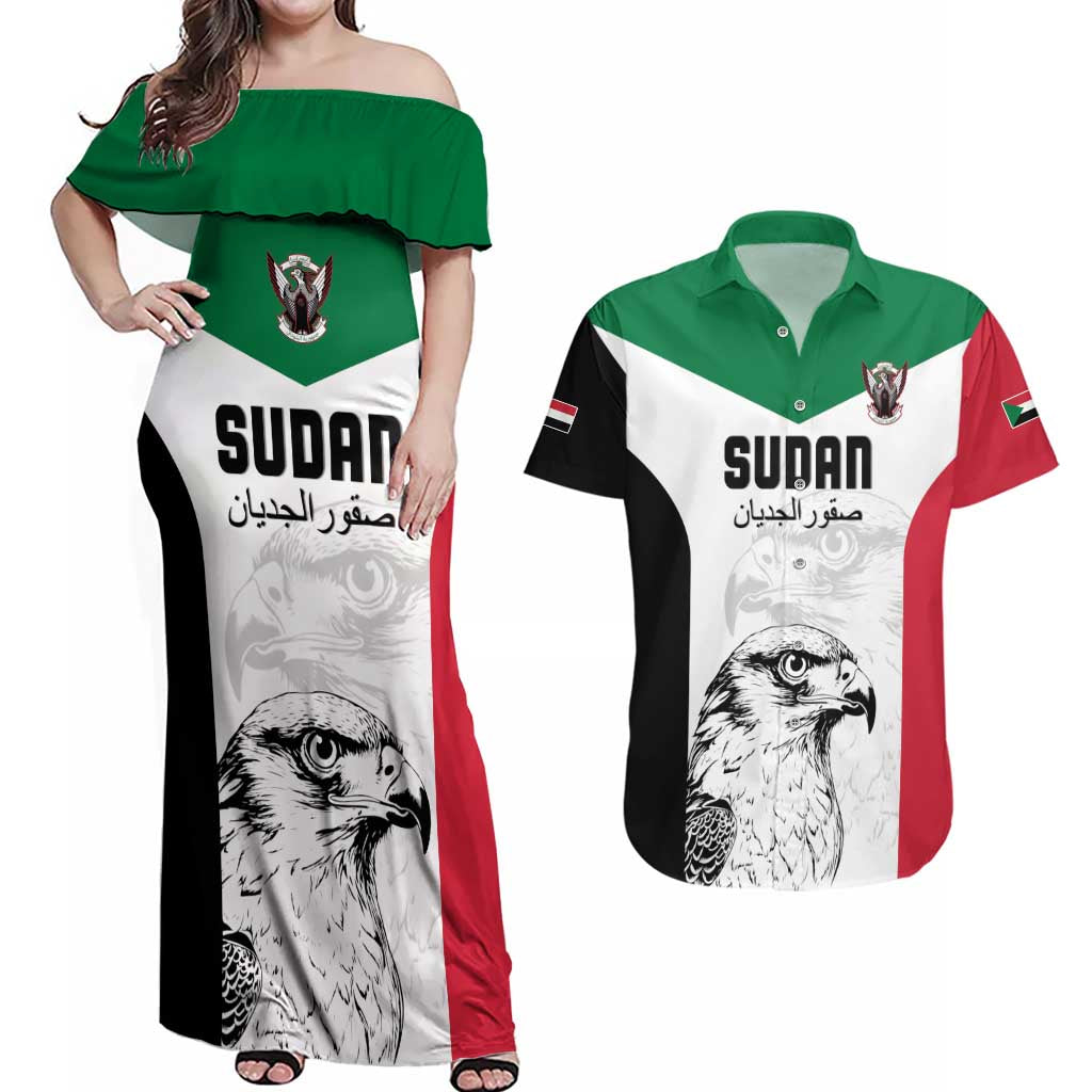 Custom Sudan Football Couples Matching Off Shoulder Maxi Dress and Hawaiian Shirt Yalla Falcons of Jediane