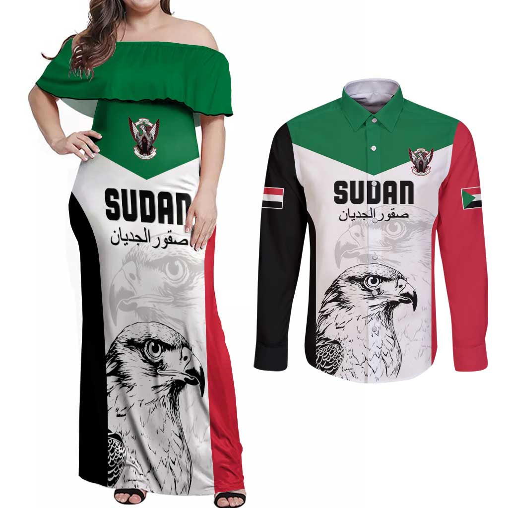 Custom Sudan Football Couples Matching Off Shoulder Maxi Dress and Long Sleeve Button Shirt Yalla Falcons of Jediane