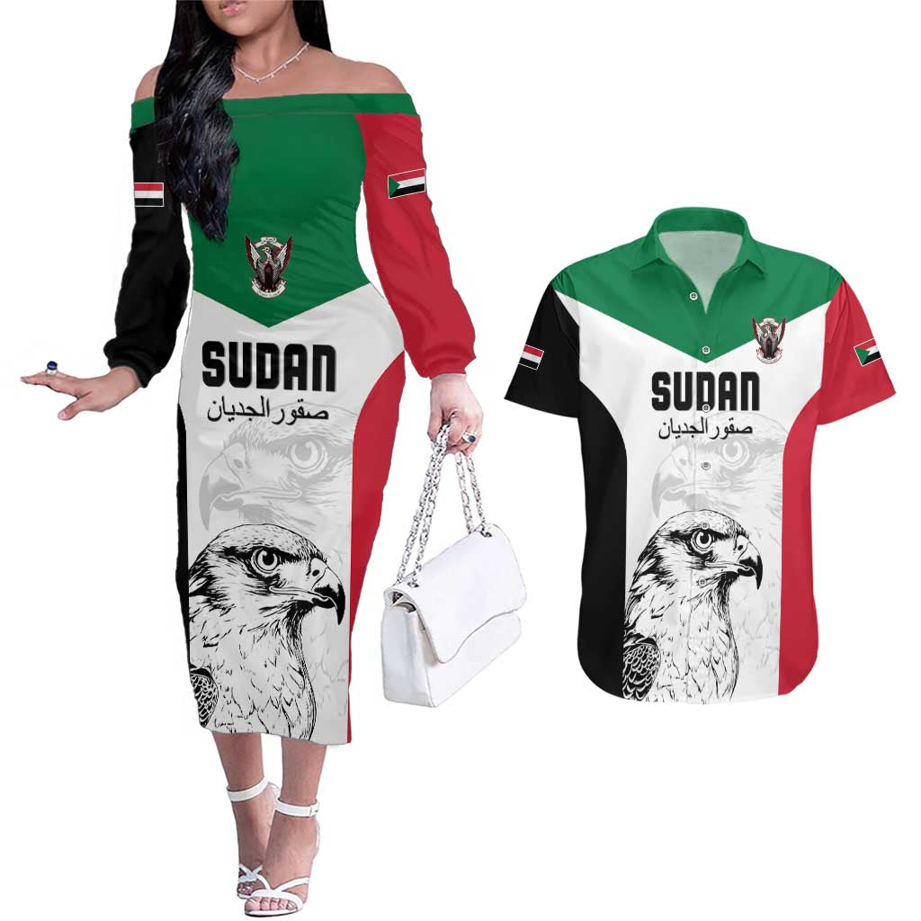 Custom Sudan Football Couples Matching Off The Shoulder Long Sleeve Dress and Hawaiian Shirt Yalla Falcons of Jediane