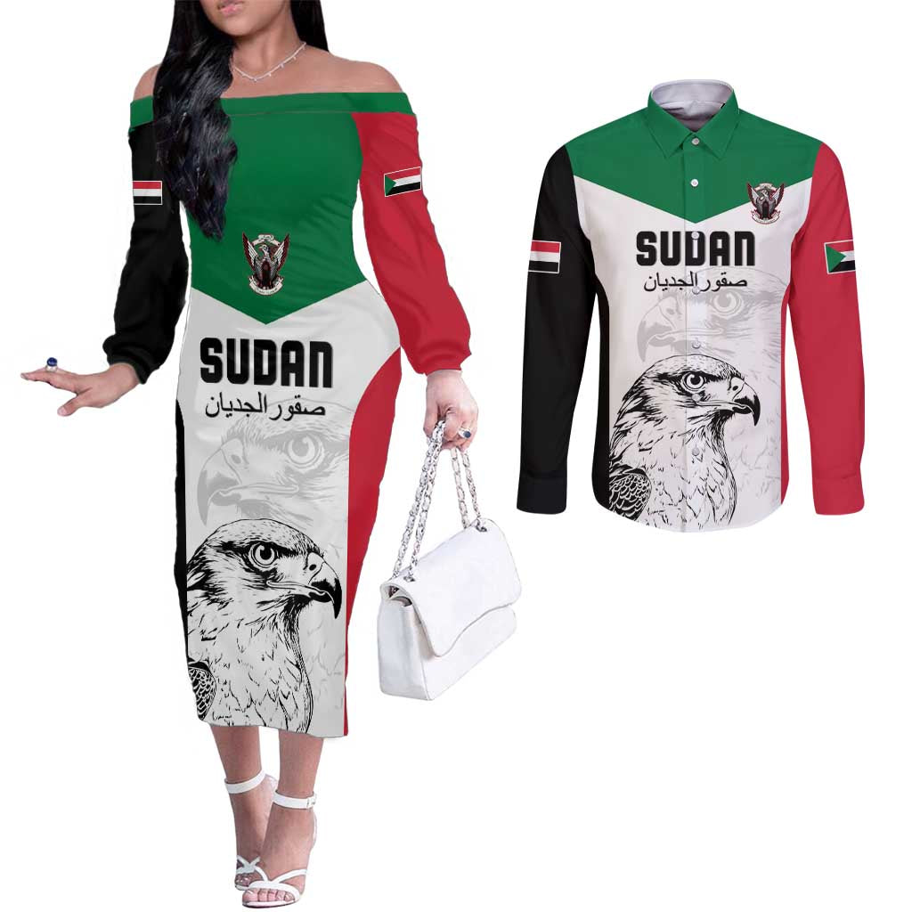 Custom Sudan Football Couples Matching Off The Shoulder Long Sleeve Dress and Long Sleeve Button Shirt Yalla Falcons of Jediane