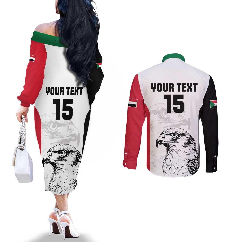 Custom Sudan Football Couples Matching Off The Shoulder Long Sleeve Dress and Long Sleeve Button Shirt Yalla Falcons of Jediane