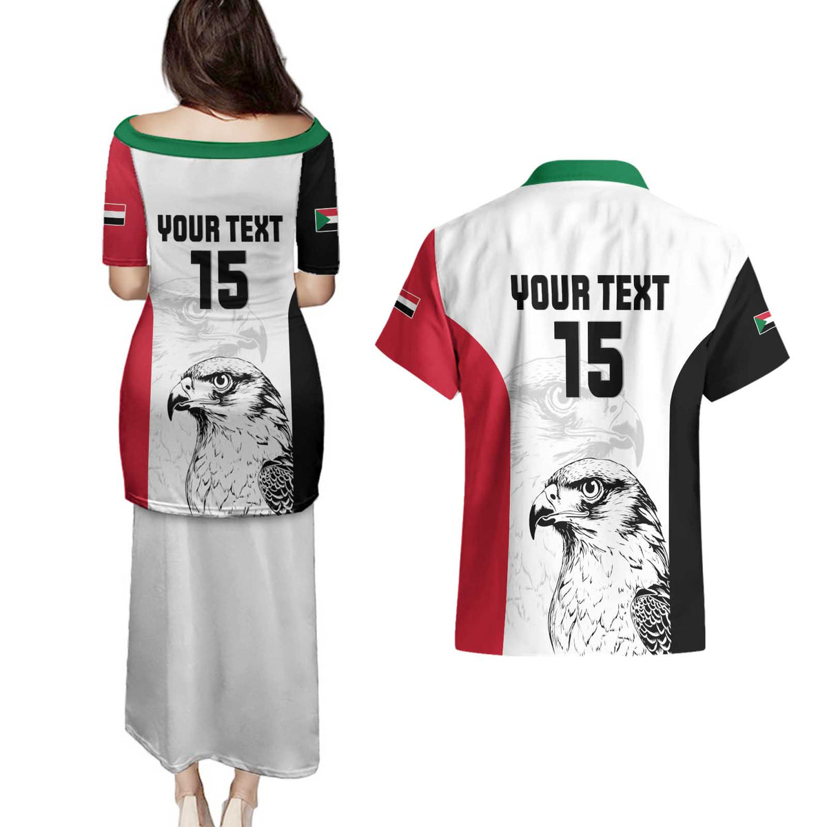Custom Sudan Football Couples Matching Puletasi and Hawaiian Shirt Yalla Falcons of Jediane