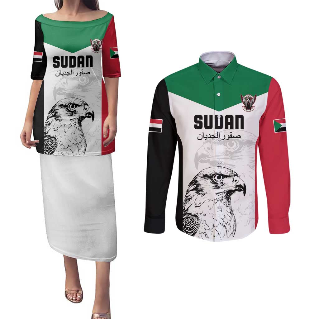 Custom Sudan Football Couples Matching Puletasi and Long Sleeve Button Shirt Yalla Falcons of Jediane