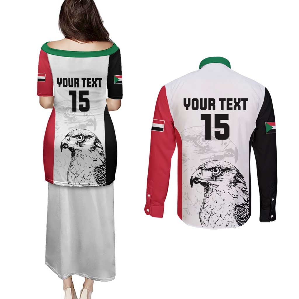 Custom Sudan Football Couples Matching Puletasi and Long Sleeve Button Shirt Yalla Falcons of Jediane