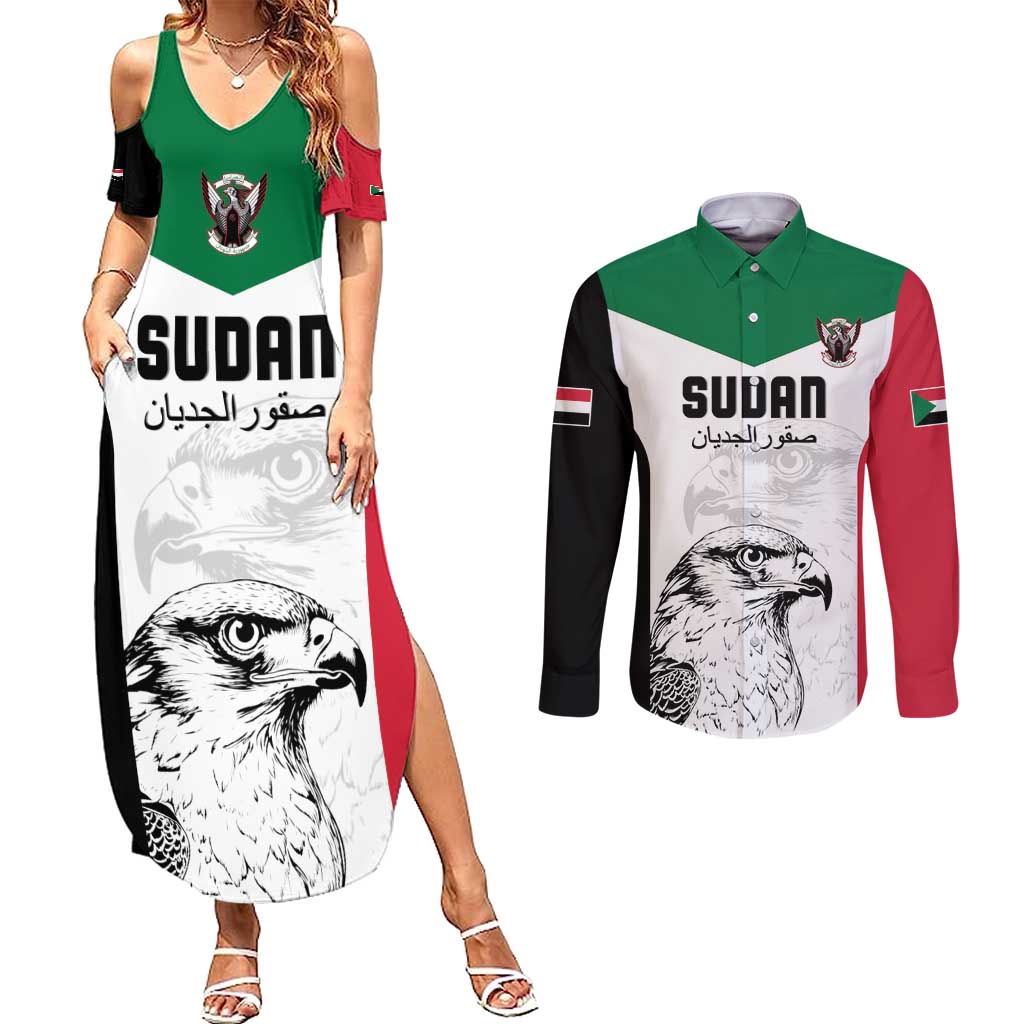 Custom Sudan Football Couples Matching Summer Maxi Dress and Long Sleeve Button Shirt Yalla Falcons of Jediane