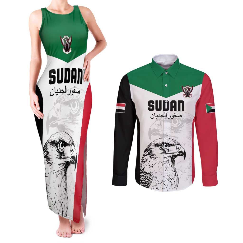Custom Sudan Football Couples Matching Tank Maxi Dress and Long Sleeve Button Shirt Yalla Falcons of Jediane