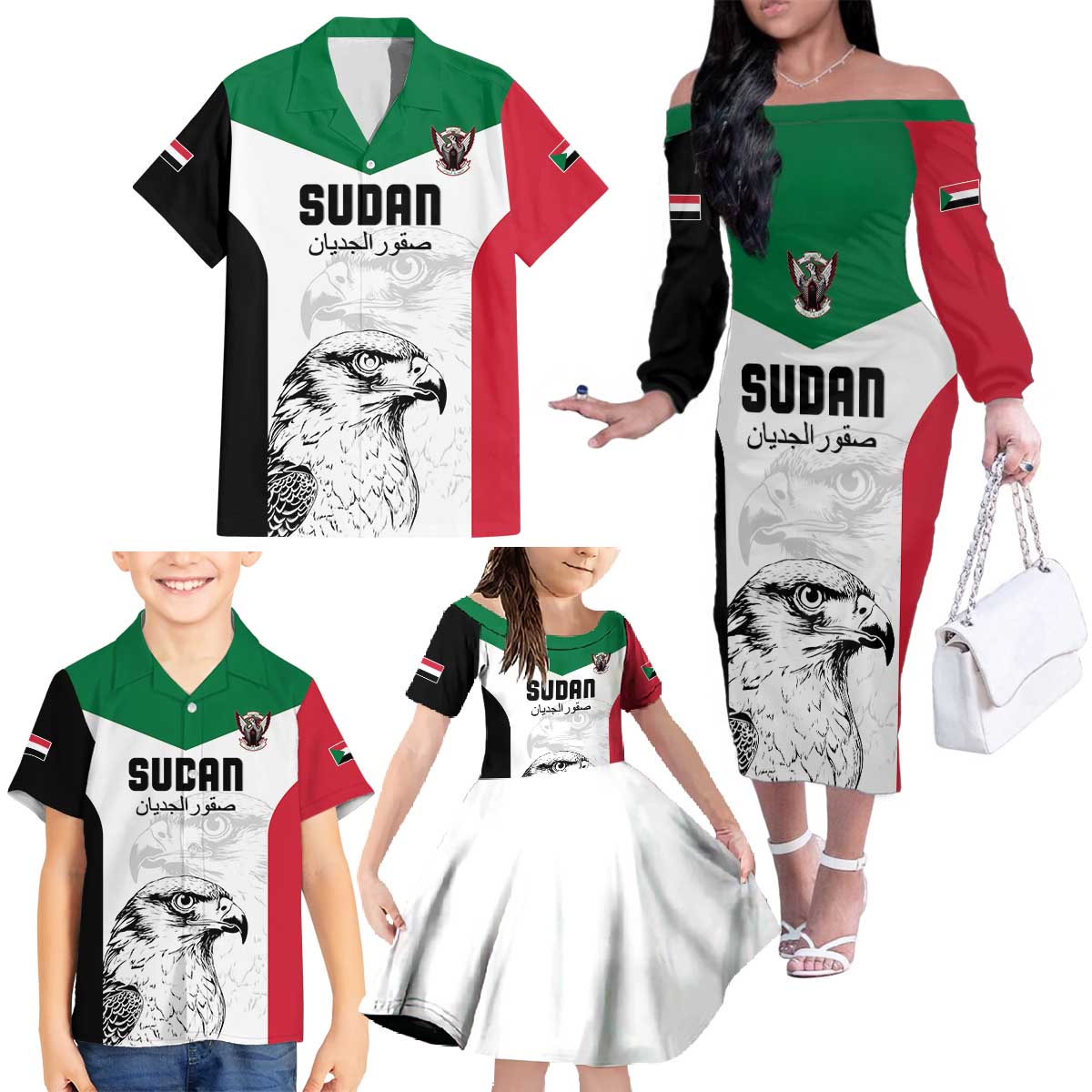 Custom Sudan Football Family Matching Off The Shoulder Long Sleeve Dress and Hawaiian Shirt Yalla Falcons of Jediane