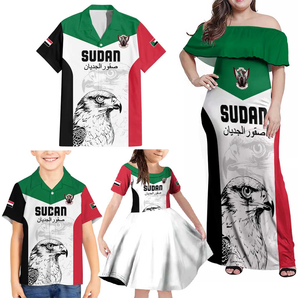 Custom Sudan Football Family Matching Off Shoulder Maxi Dress and Hawaiian Shirt Yalla Falcons of Jediane