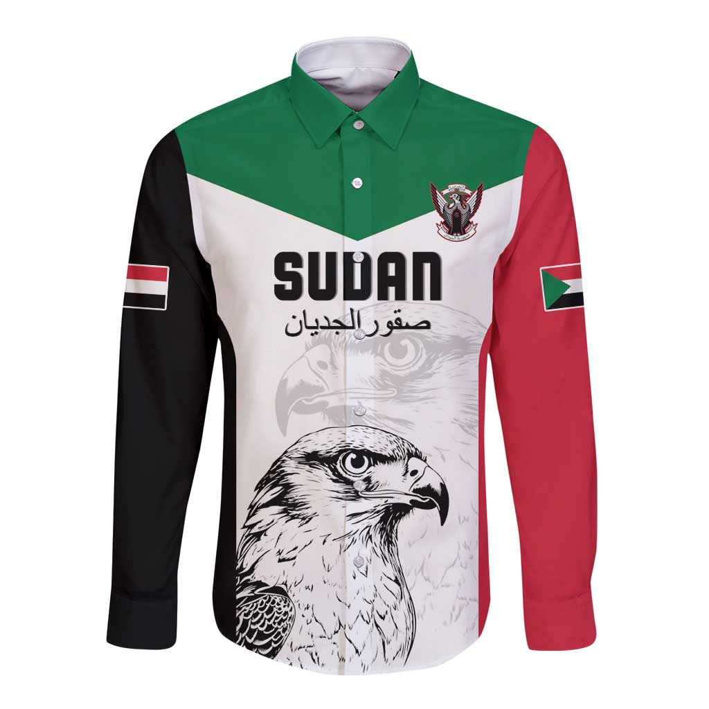 Custom Sudan Football Long Sleeve Button Shirt Yalla Falcons of Jediane
