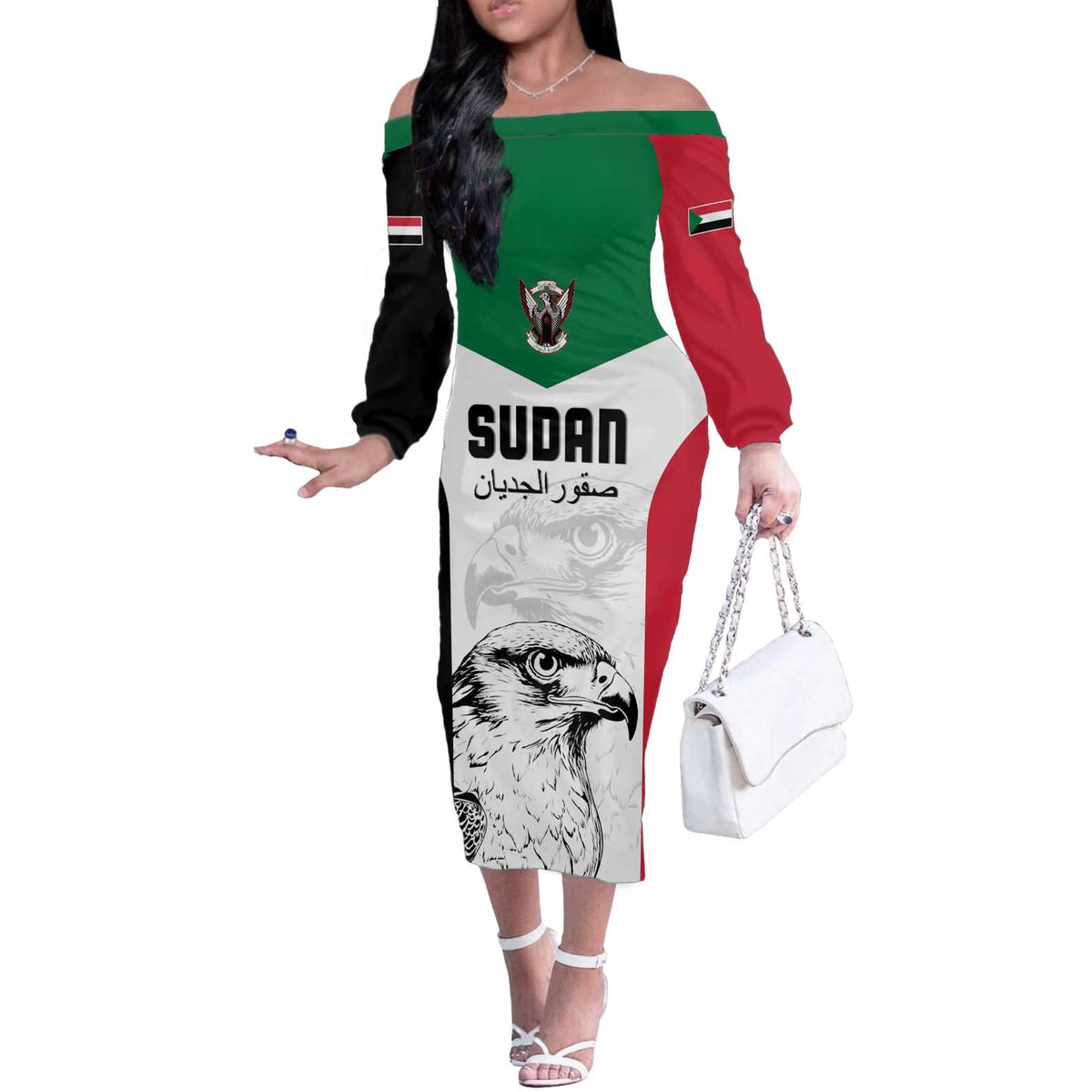 Custom Sudan Football Off The Shoulder Long Sleeve Dress Yalla Falcons of Jediane