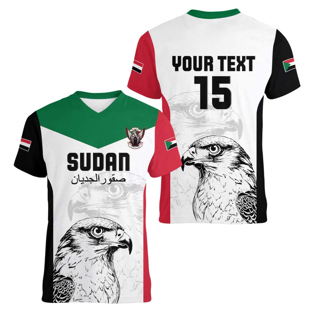 Custom Sudan Football Women V-Neck T-Shirt Yalla Falcons of Jediane