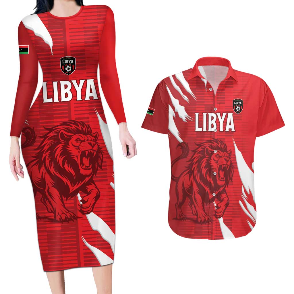 Custom Libya Football Couples Matching Long Sleeve Bodycon Dress and Hawaiian Shirt Forza Libya
