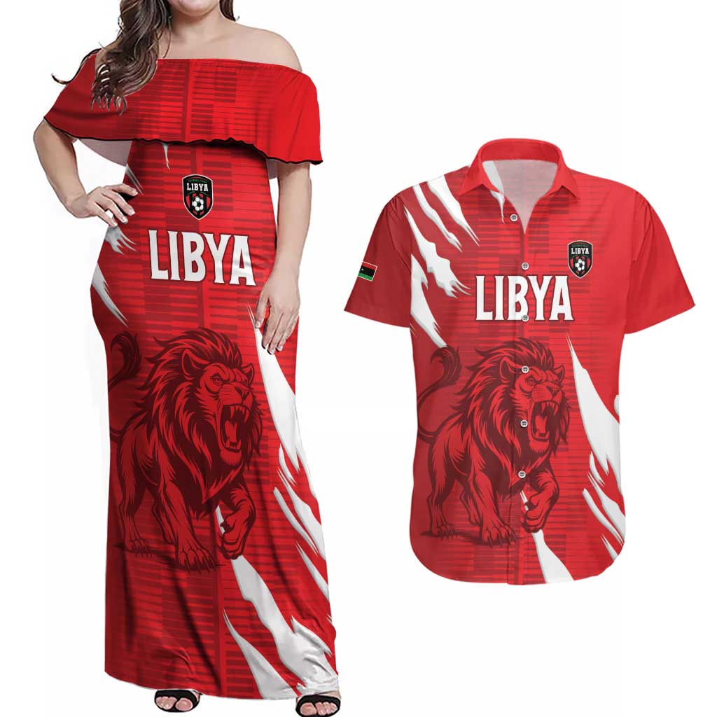 Custom Libya Football Couples Matching Off Shoulder Maxi Dress and Hawaiian Shirt Forza Libya
