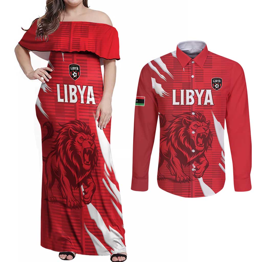 Custom Libya Football Couples Matching Off Shoulder Maxi Dress and Long Sleeve Button Shirt Forza Libya