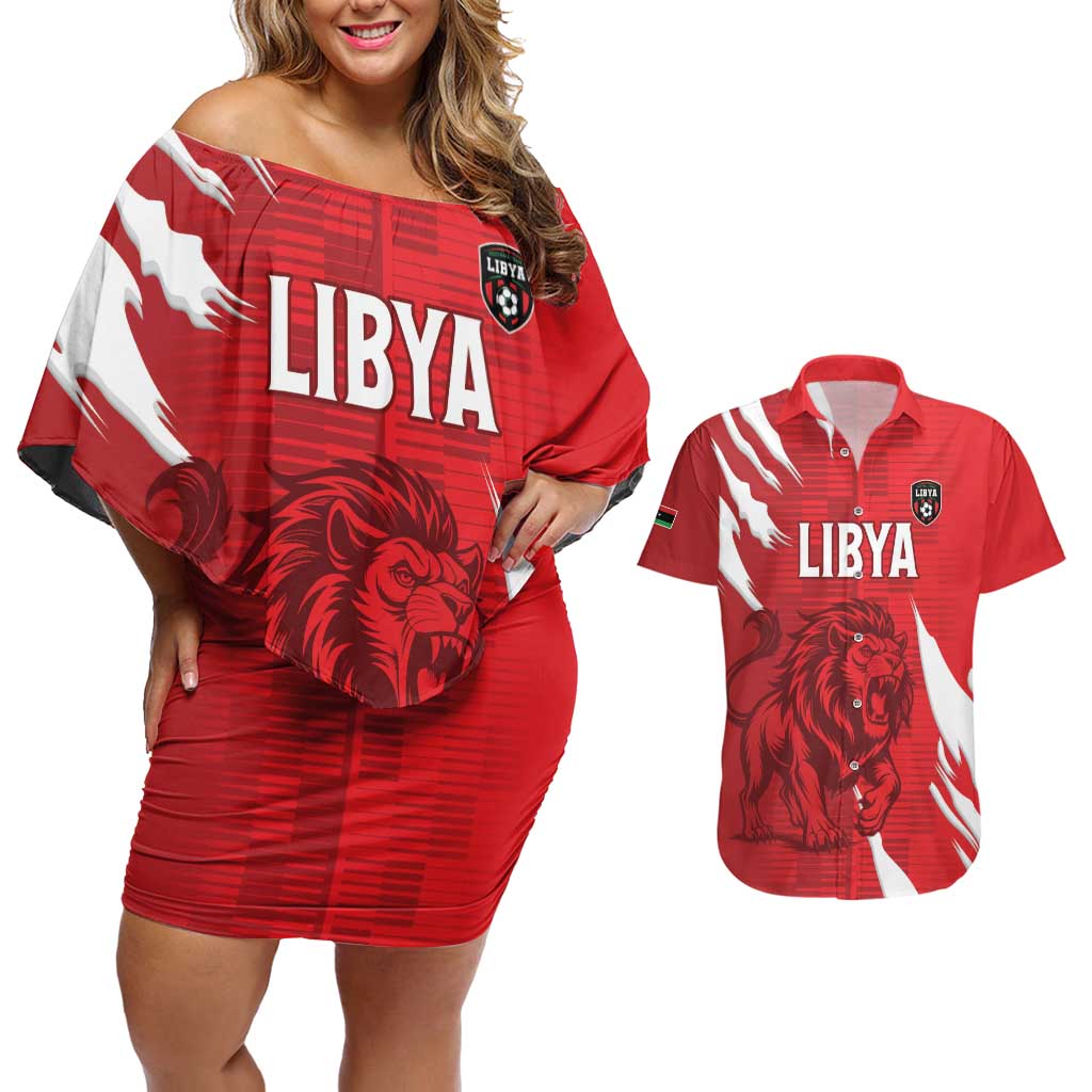 Custom Libya Football Couples Matching Off Shoulder Short Dress and Hawaiian Shirt Forza Libya