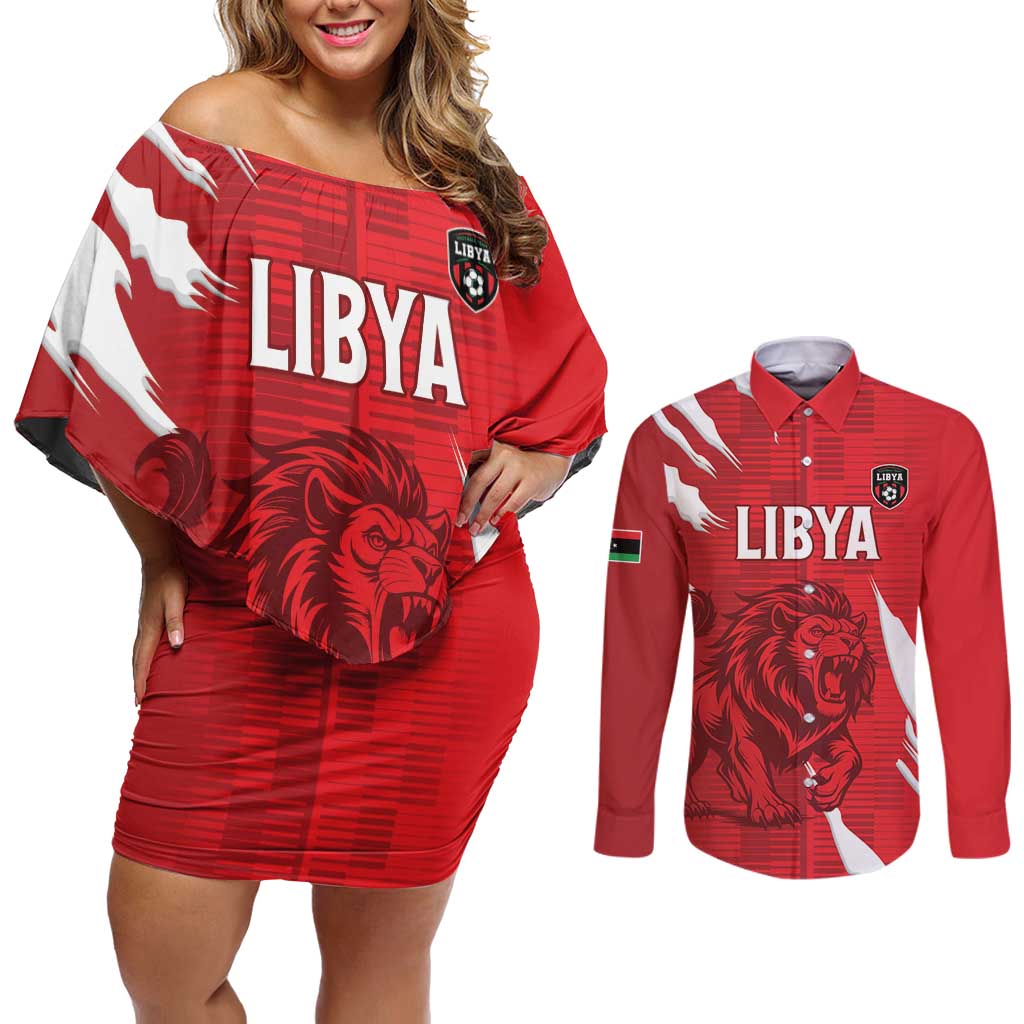Custom Libya Football Couples Matching Off Shoulder Short Dress and Long Sleeve Button Shirt Forza Libya