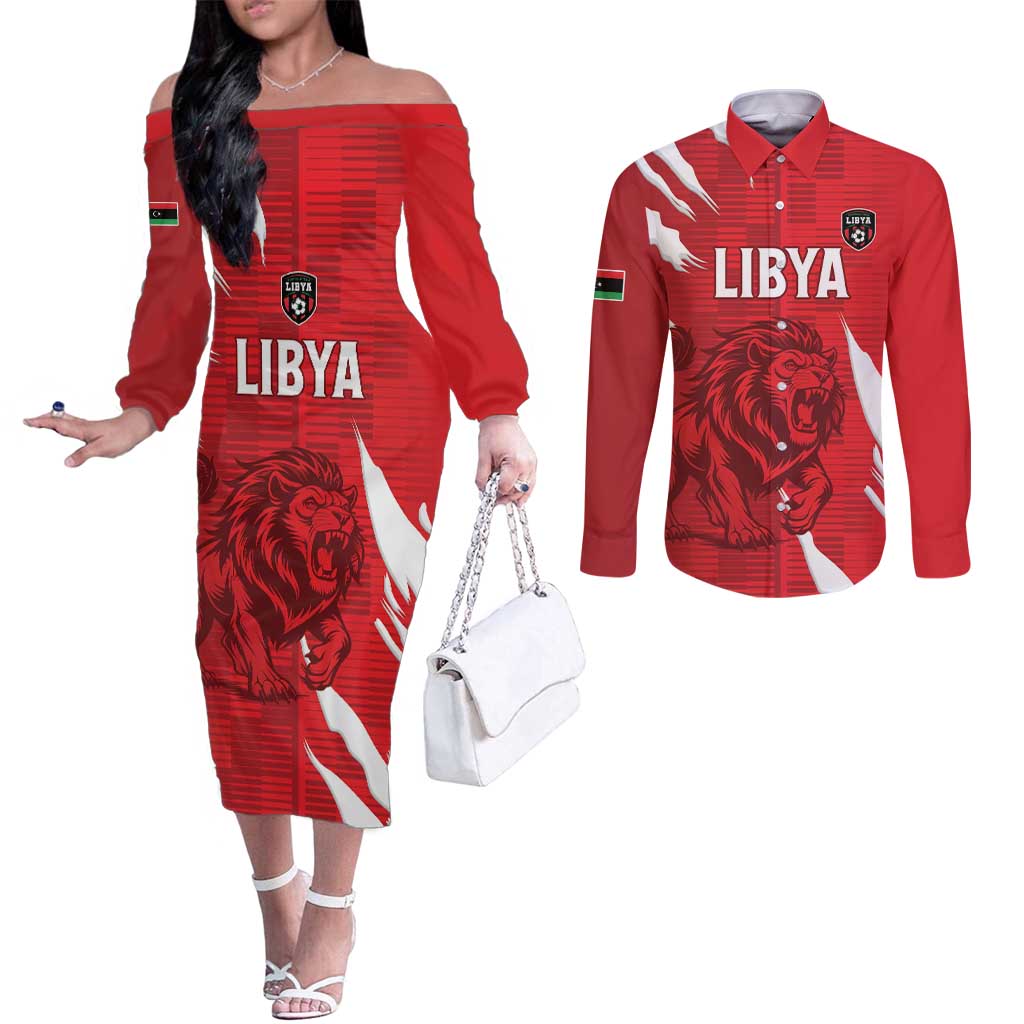 Custom Libya Football Couples Matching Off The Shoulder Long Sleeve Dress and Long Sleeve Button Shirt Forza Libya
