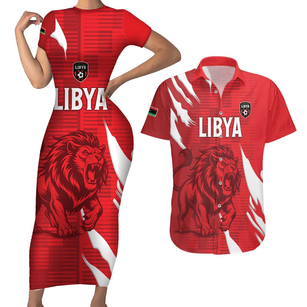 Custom Libya Football Couples Matching Short Sleeve Bodycon Dress and Hawaiian Shirt Forza Libya