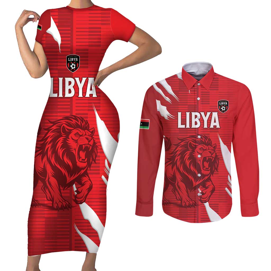 Custom Libya Football Couples Matching Short Sleeve Bodycon Dress and Long Sleeve Button Shirt Forza Libya