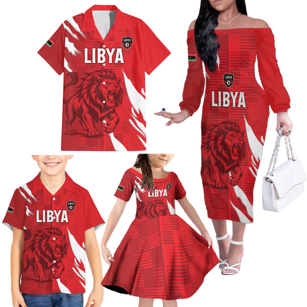 Custom Libya Football Family Matching Off The Shoulder Long Sleeve Dress and Hawaiian Shirt Forza Libya