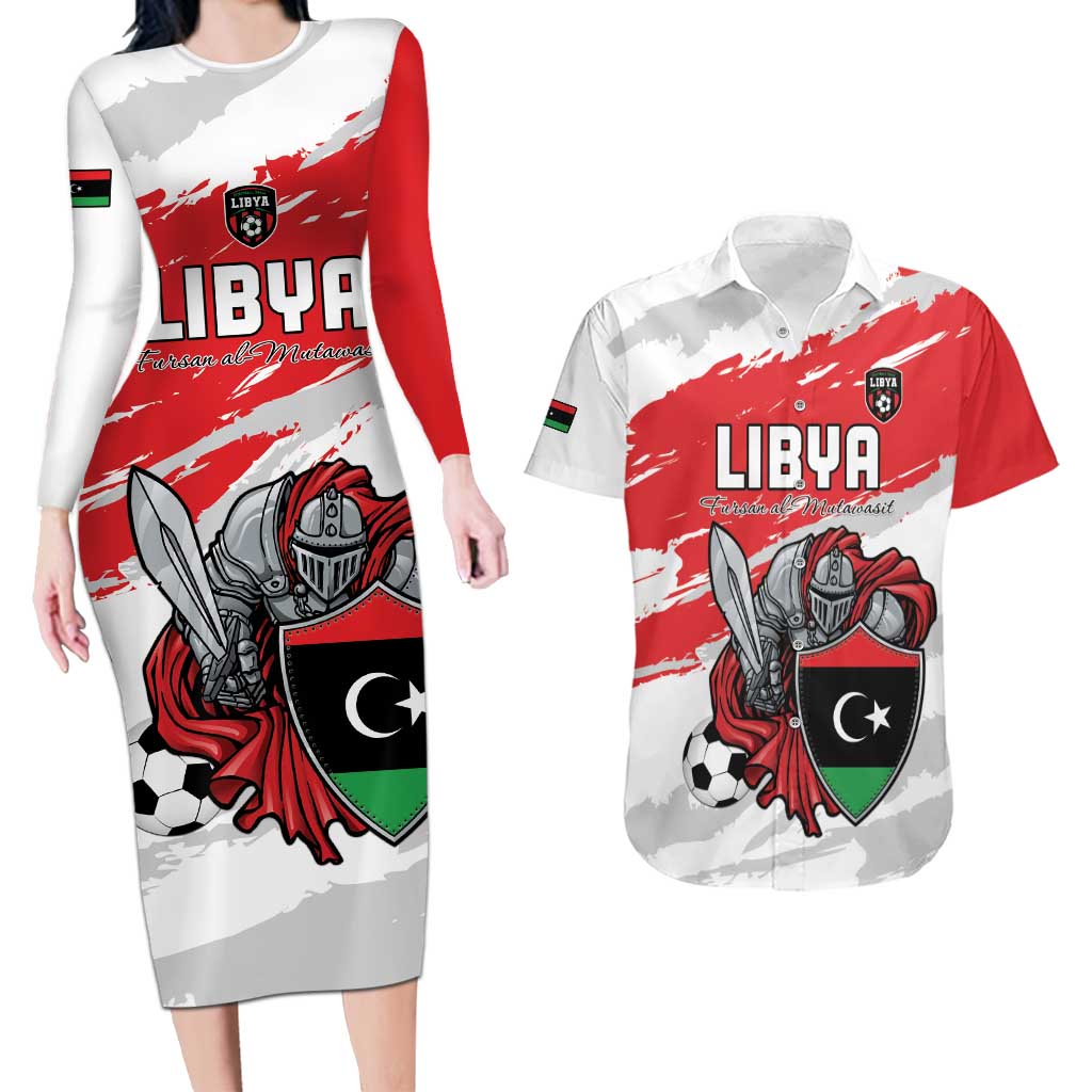 Custom Libya Football Couples Matching Long Sleeve Bodycon Dress and Hawaiian Shirt Yalla Fursan Al-Mutawasit