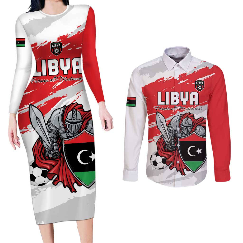 Custom Libya Football Couples Matching Long Sleeve Bodycon Dress and Long Sleeve Button Shirt Yalla Fursan Al-Mutawasit