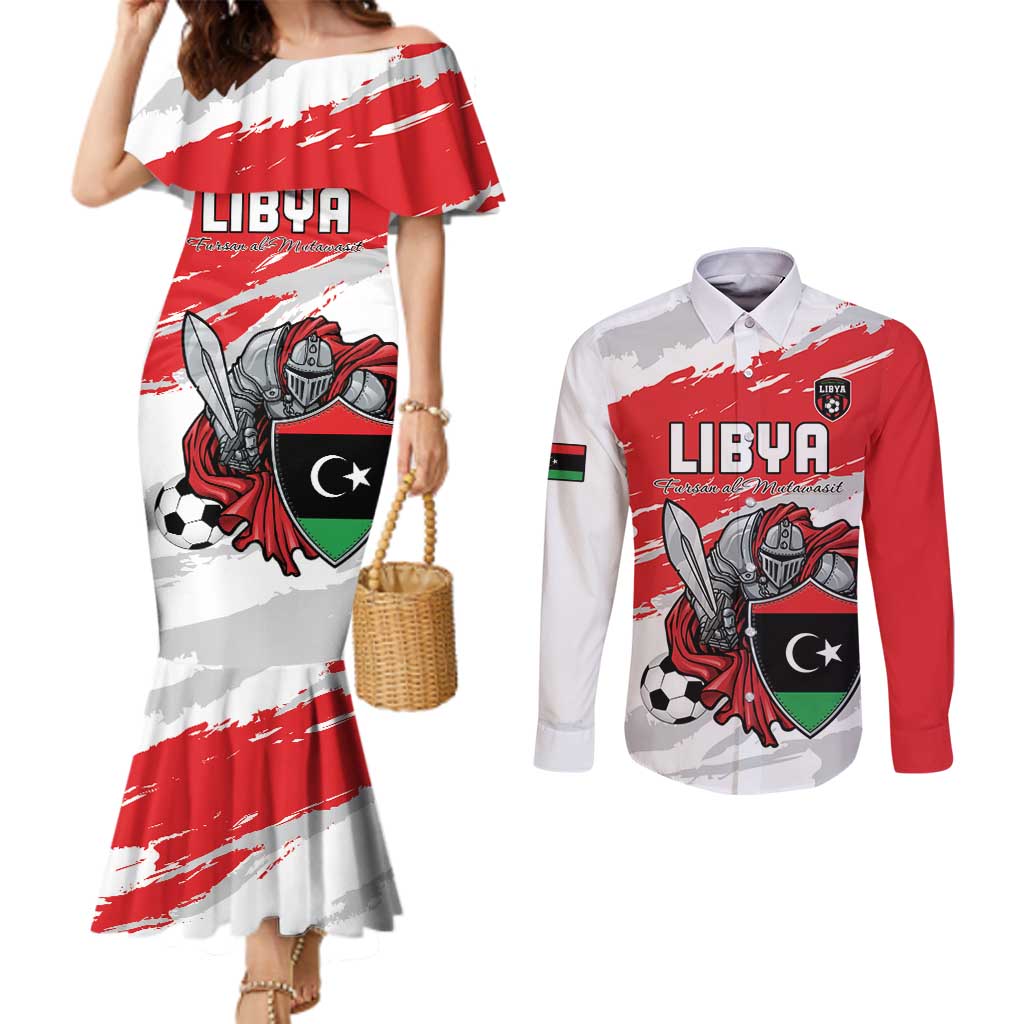 Custom Libya Football Couples Matching Mermaid Dress and Long Sleeve Button Shirt Yalla Fursan Al-Mutawasit