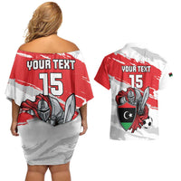 Custom Libya Football Couples Matching Off Shoulder Short Dress and Hawaiian Shirt Yalla Fursan Al-Mutawasit