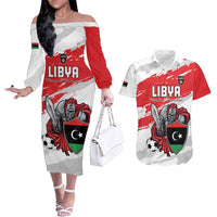 Custom Libya Football Couples Matching Off The Shoulder Long Sleeve Dress and Hawaiian Shirt Yalla Fursan Al-Mutawasit