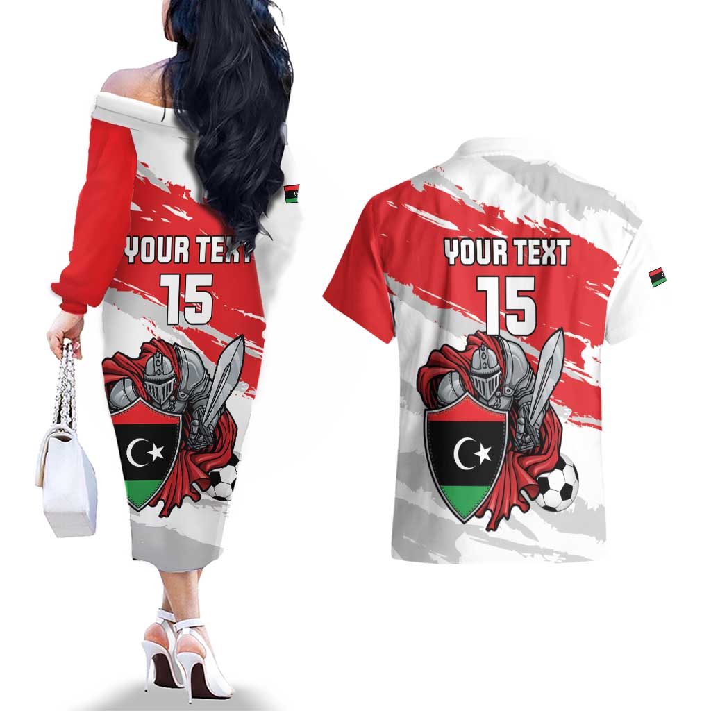 Custom Libya Football Couples Matching Off The Shoulder Long Sleeve Dress and Hawaiian Shirt Yalla Fursan Al-Mutawasit
