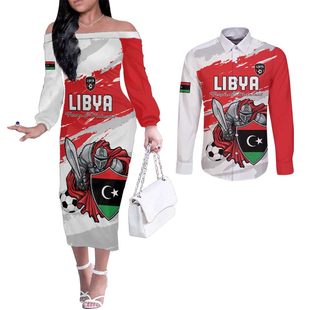 Custom Libya Football Couples Matching Off The Shoulder Long Sleeve Dress and Long Sleeve Button Shirt Yalla Fursan Al-Mutawasit